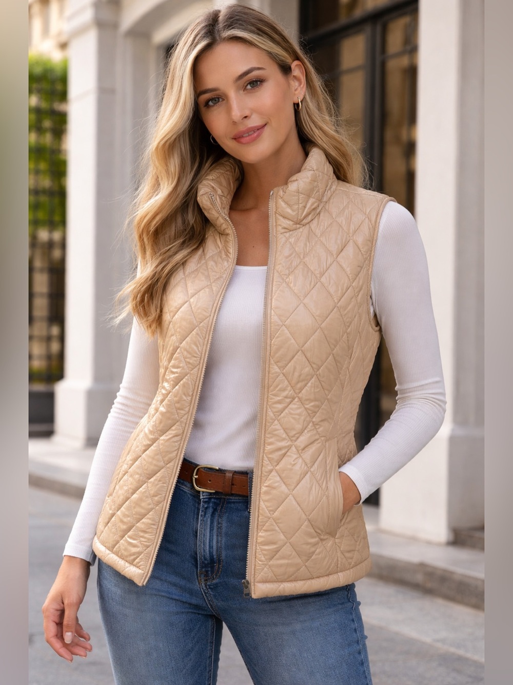 NWOT Time and Tru Quilted Sleeveless Vest in Tan - Picture 1 of 4